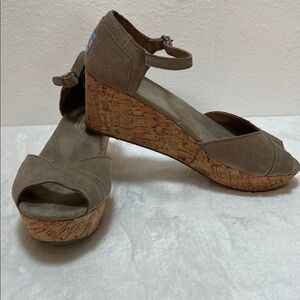 TOMS Camel/Taupe Brown Wedge Sandals with Cork Heel